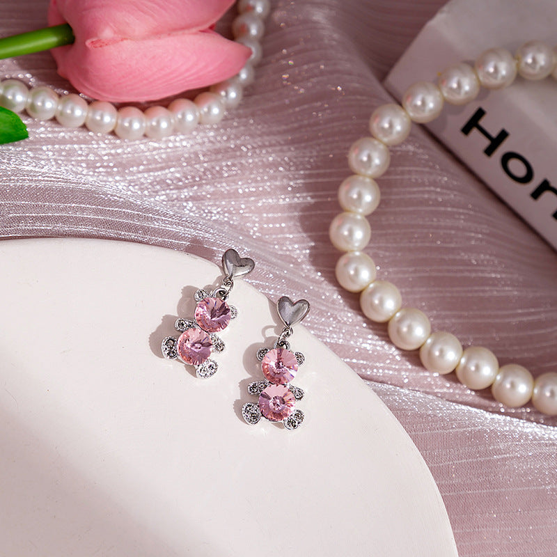 [1 PAIR] Pink and White Zircon Teddy Bear Earrings