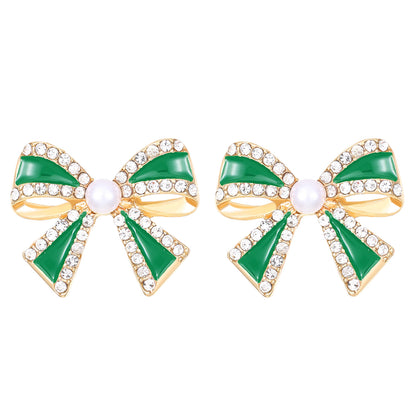 [1 PAIR] Rhinestone/Pearl/Enamel Bow Stud Earrings