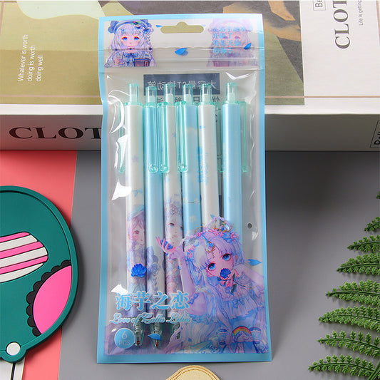 [6 PIECES] Pretty Girl Gel Pens (Blue and White Theme) - 0.5 mm Black Ink