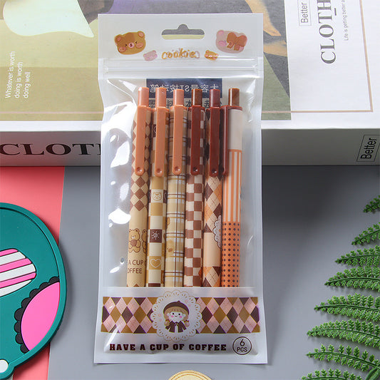 [6 PIECES] Cute Coffee/Cookie/Bear Gel Pens (Brown Theme) - 0.5 mm Black Ink