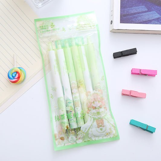 [6 PIECES] Pretty Girl Gel Pens (Green and White Theme) - 0.5 mm Black Ink