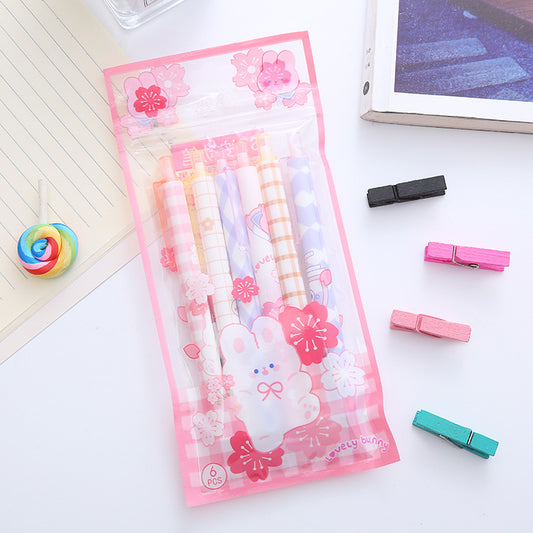 [6 PIECES] Cute Bear and Bunny Gel Pens (Pink/Brown/Purple Theme) - 0.5 mm Black Ink