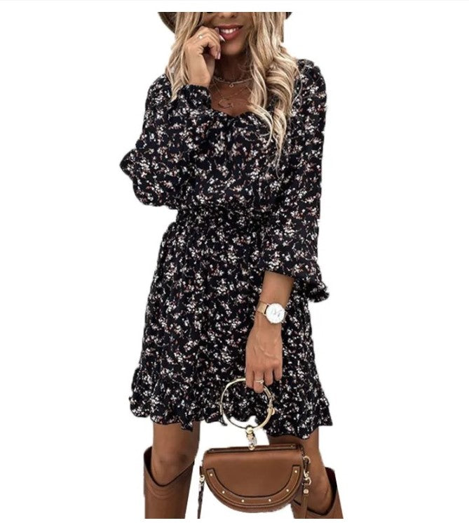 [1 PIECE] Long-Sleeve Floral Print Polyester Dress