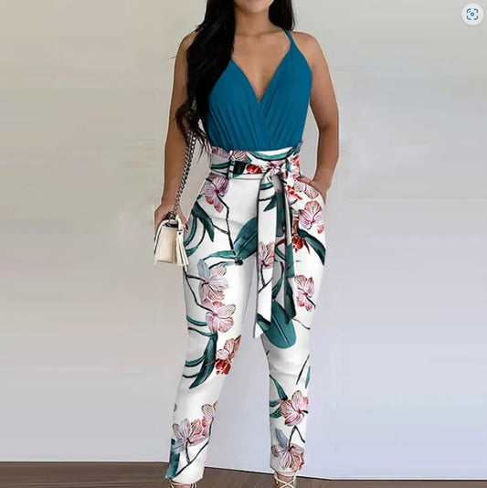 [3 PIECE SET] Floral Polyester Pants/Tank Set