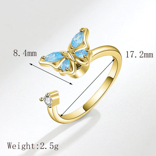 [1 PIECE] Rhinestones and Stunning Blue Butterfly Spinning Adjustable Size Ring