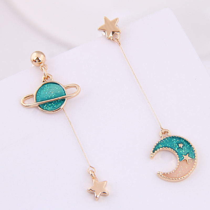 [1 PAIR] Planet, Moon, and Stars Asymmetric Earrings