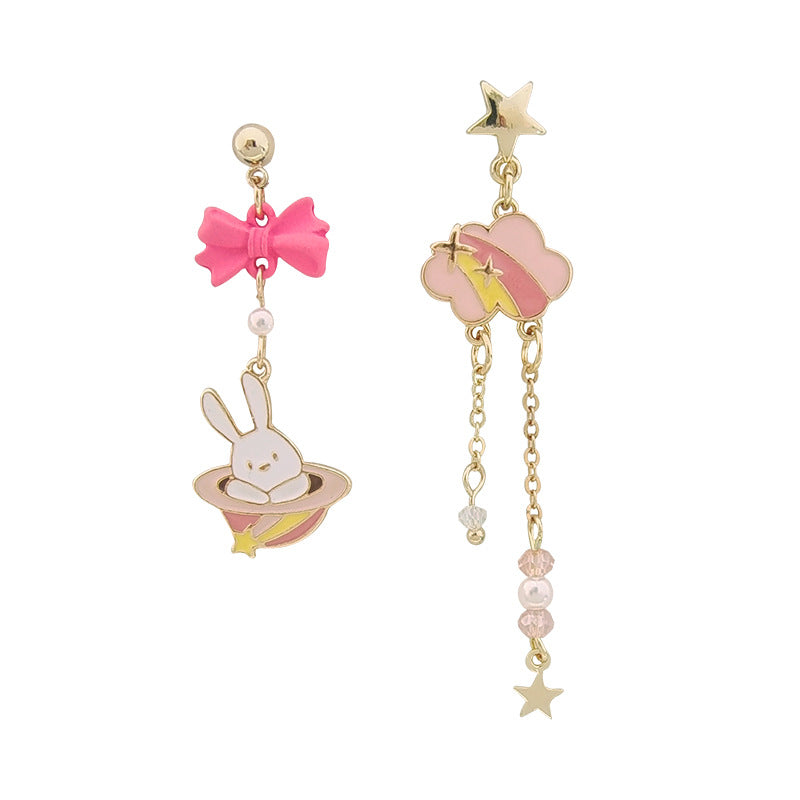 [1 PAIR] Cute Rabbit in a Hat and Cloud Asymmetrical Earrings