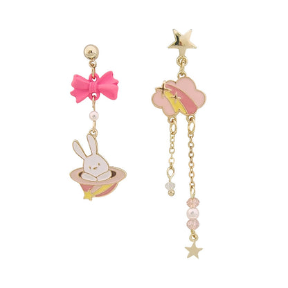 [1 PAIR] Cute Rabbit in a Hat and Cloud Asymmetrical Earrings