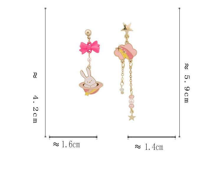 [1 PAIR] Cute Rabbit in a Hat and Cloud Asymmetrical Earrings