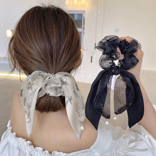 [1 PIECE] Shimmery Gauzy Knotted Hair Tie with Faux Pearls