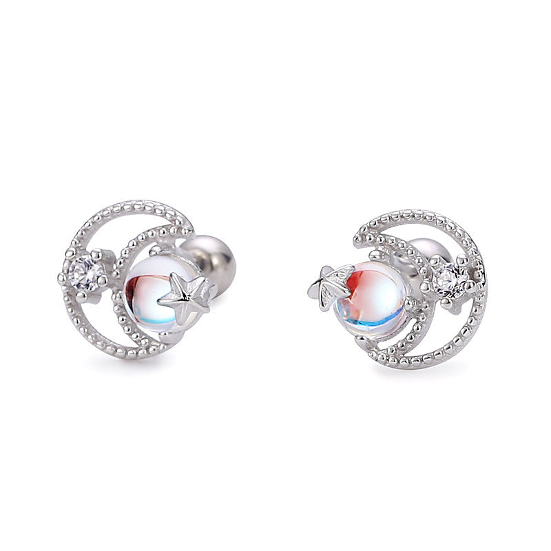 [1 PAIR] Moon and Stars Stud 925 Sterling Silver Earrings with Moonstone