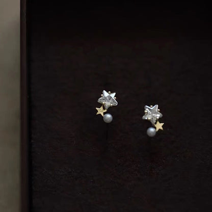 [1 PAIR] Stars 925 Silver Stud Earrings - Light Gold Color