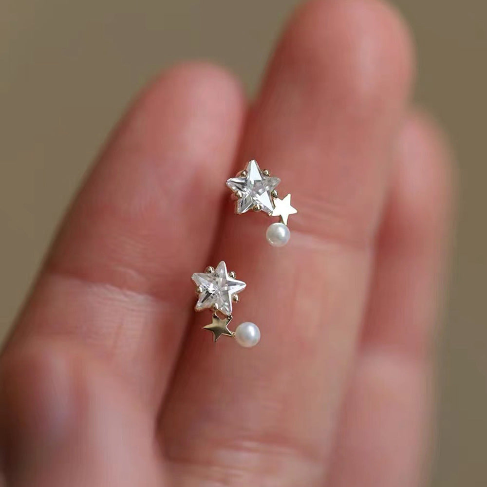 [1 PAIR] Stars 925 Silver Stud Earrings - Light Gold Color