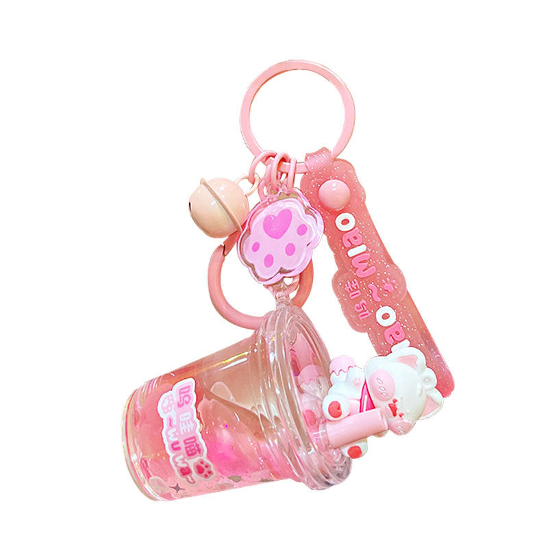 [1 PIECE] Cute Cup with Drinking Cat Liquid Keychain/Bag Pendant with Bell, Charm, and Strap