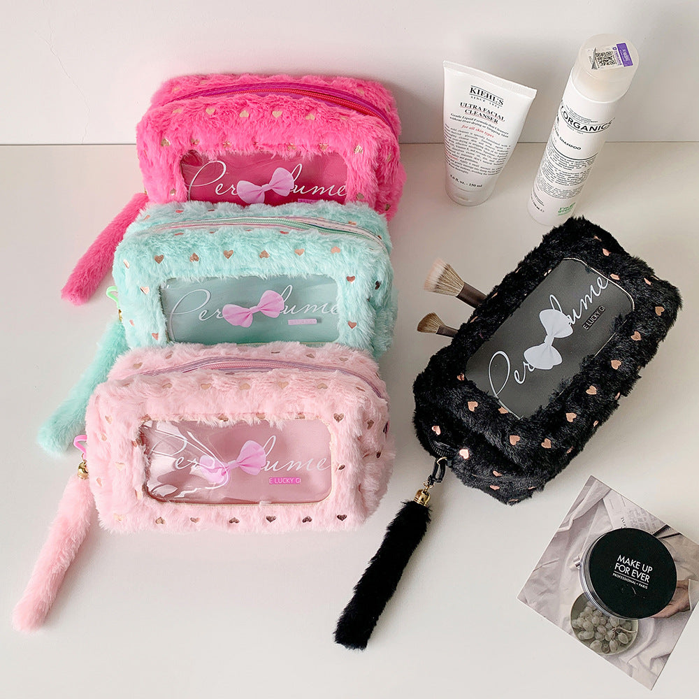 [1 PIECE] Fuzzy Large Capacity Pen/Pencil Case with Shiny Hearts