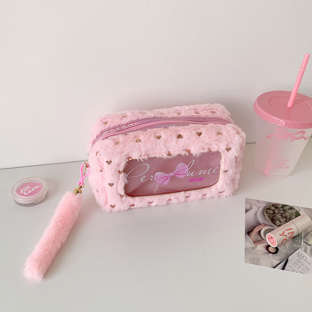 [1 PIECE] Fuzzy Large Capacity Pen/Pencil Case with Shiny Hearts