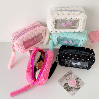 [1 PIECE] Fuzzy Large Capacity Pen/Pencil Case with Shiny Hearts