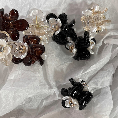 [2 PIECES] Mini Faux Pearl Flower Rhinestone Hair Clips