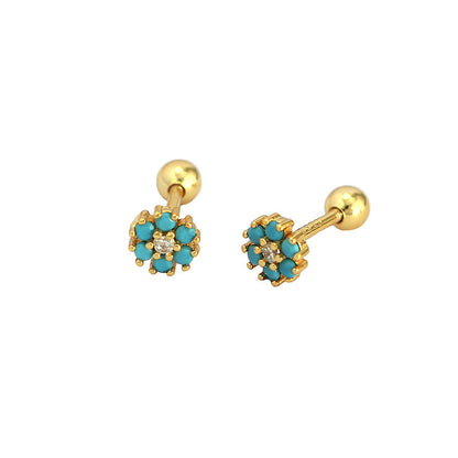 [1 PAIR] Turquoise and Rhinestone Flower 925 Silver Stud Earrings