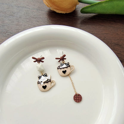 [1 PAIR] Sleepy Kitties in Cocoa Mugs Earrings