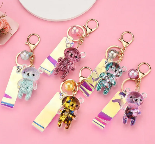 [1 PIECE] Cute Teddy Bear Liquid Keychain with Iridescent Strap