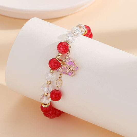 [1 PIECE] Red Glass Bead Bracelet with Iridescent Butterfly Charm