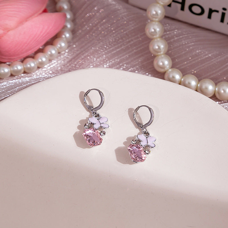 [1 PAIR] Butterfly with Pink Zircon Gem Earrings