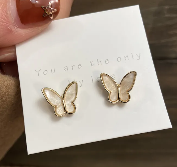 [1 PAIR] White Inlay Butterfly Post Earrings - DISCOUNTED