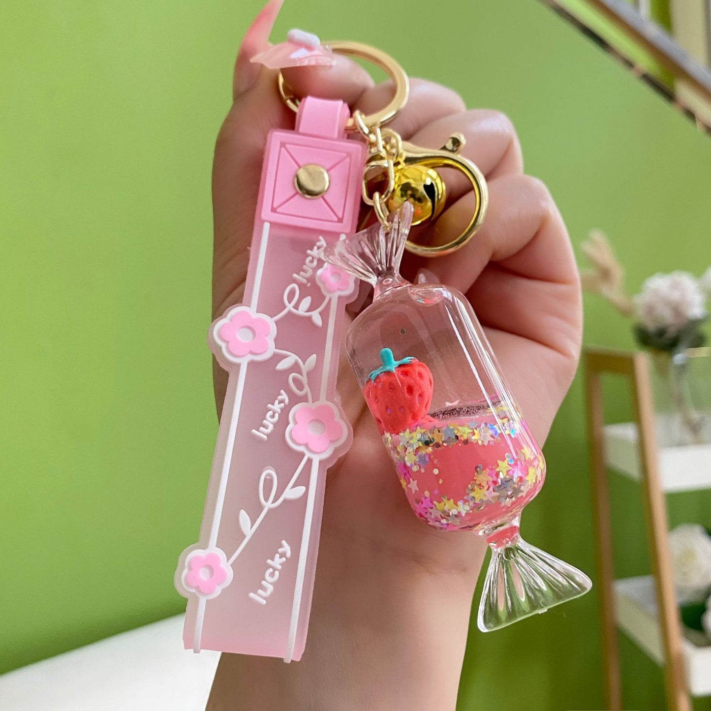 [1 PIECE] Strawberry and Stars Candy Acrylic Liquid Keychain with Strap