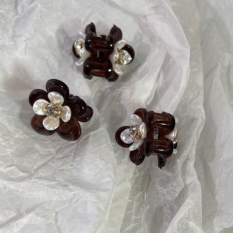 [2 PIECES] Mini Faux Pearl Flower Rhinestone Hair Clips