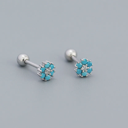 [1 PAIR] Turquoise and Rhinestone Flower 925 Silver Stud Earrings